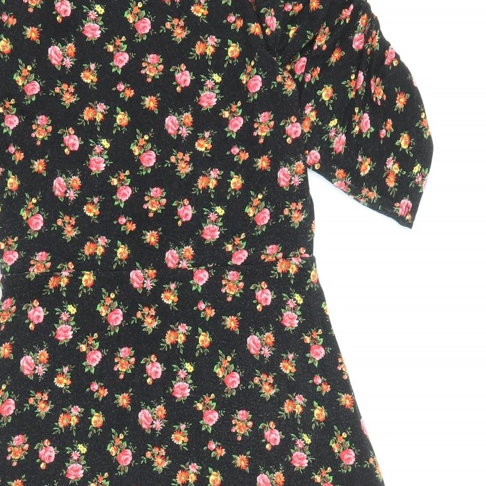 Topshop Womens Black Floral Viscose Fit & Flare Size 8 V-Neck Pullover