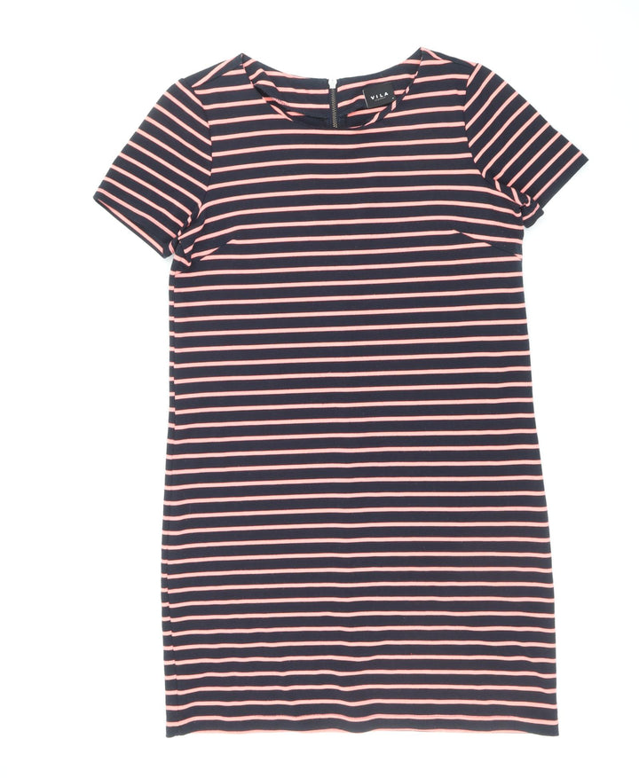 VILA Womens Blue Striped Polyester T-Shirt Dress Size M Round Neck Zip