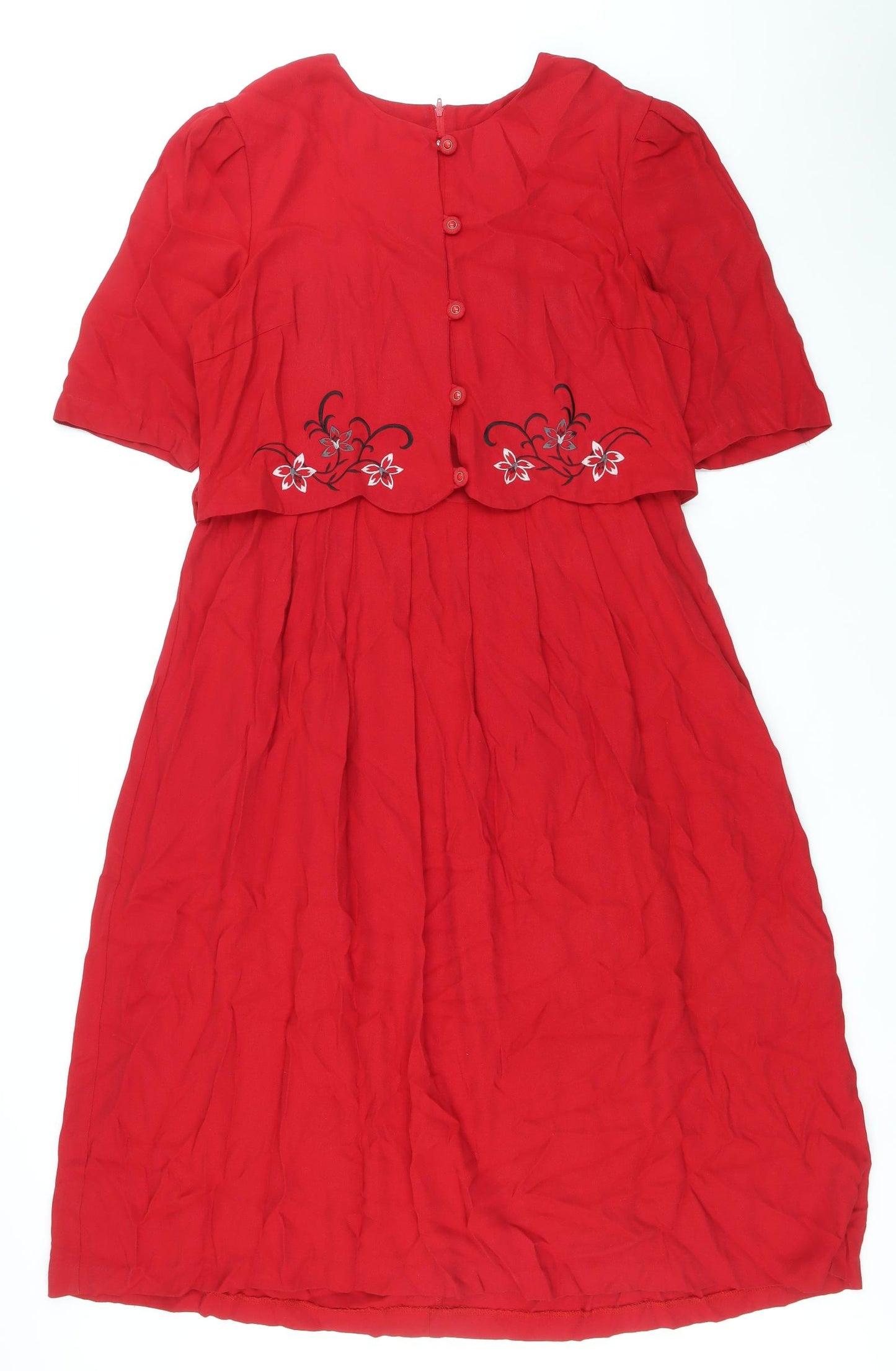 Peri Petites Womens Red Floral Viscose Trapeze & Swing Size 16 Round Neck Button