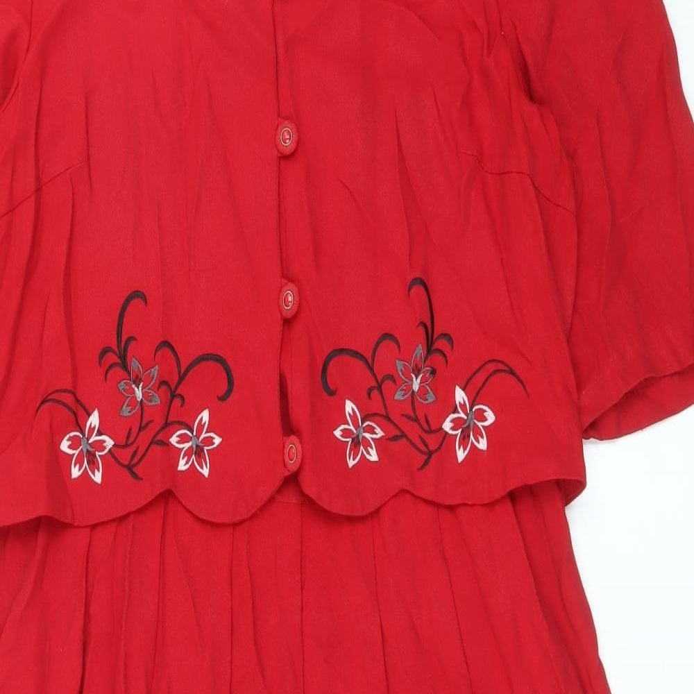 Peri Petites Womens Red Floral Viscose Trapeze & Swing Size 16 Round Neck Button