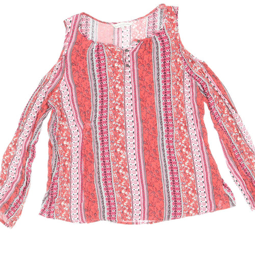 F&F Womens Red Geometric Viscose Basic Blouse Size 16 Round Neck - Cold Shoulder