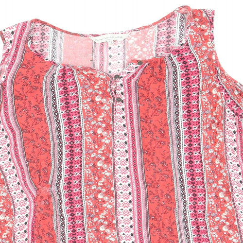 F&F Womens Red Geometric Viscose Basic Blouse Size 16 Round Neck - Cold Shoulder