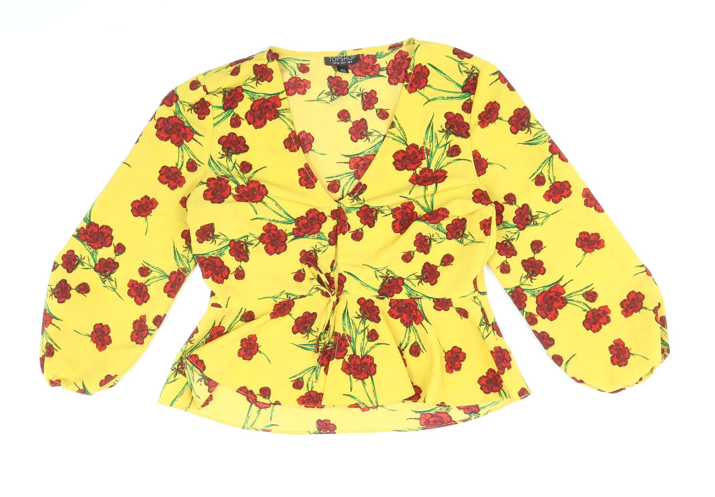 Topshop Womens Yellow Floral Polyester Basic Blouse Size 8 V-Neck