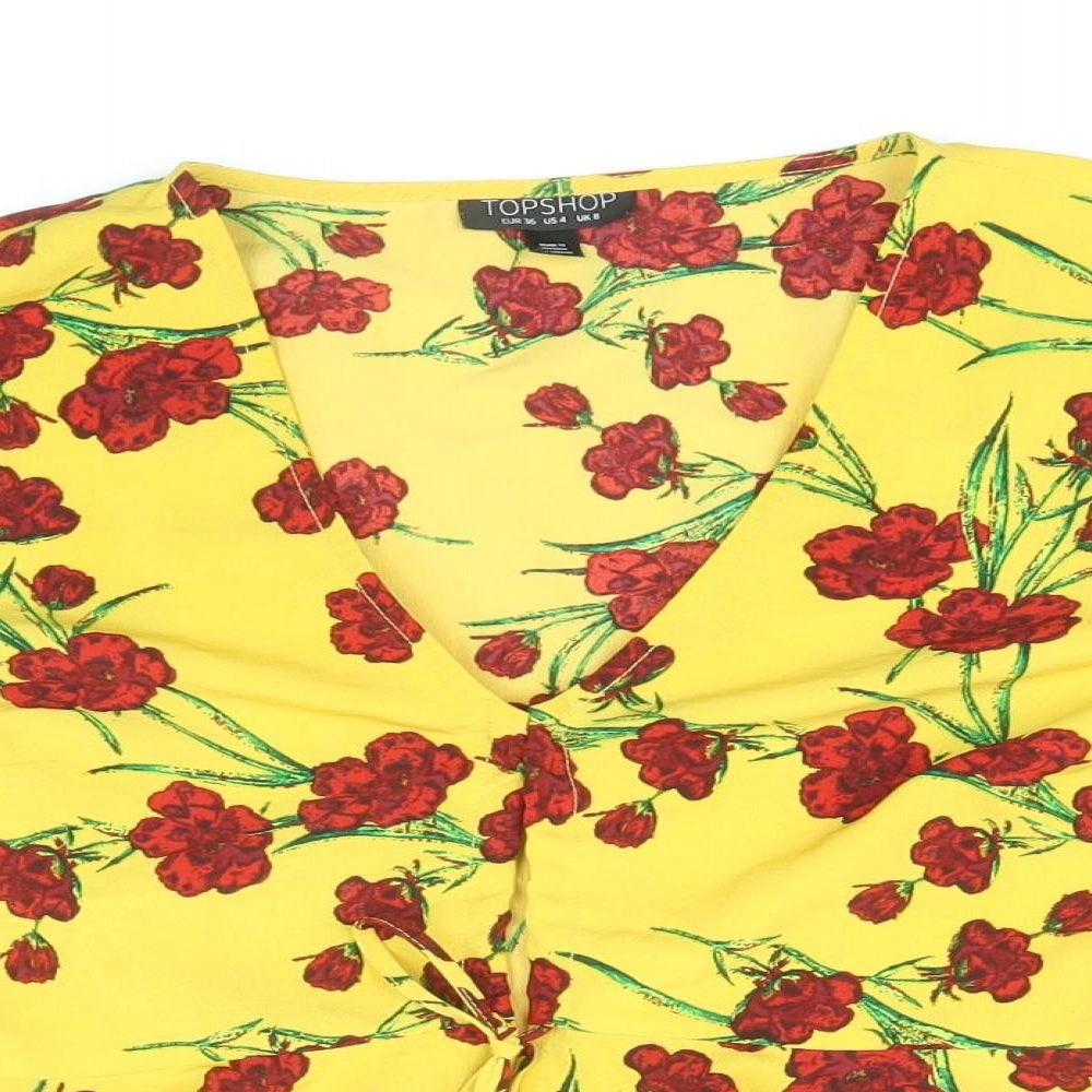 Topshop Womens Yellow Floral Polyester Basic Blouse Size 8 V-Neck