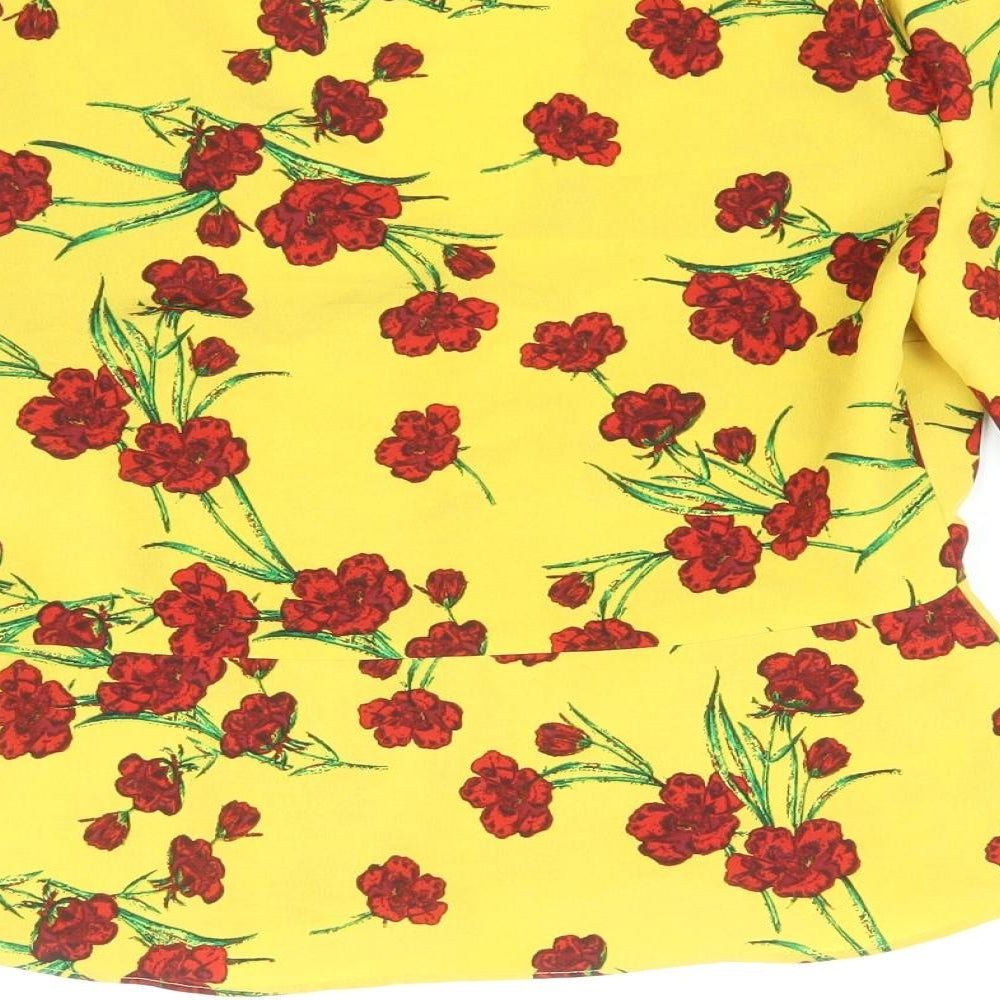 Topshop Womens Yellow Floral Polyester Basic Blouse Size 8 V-Neck