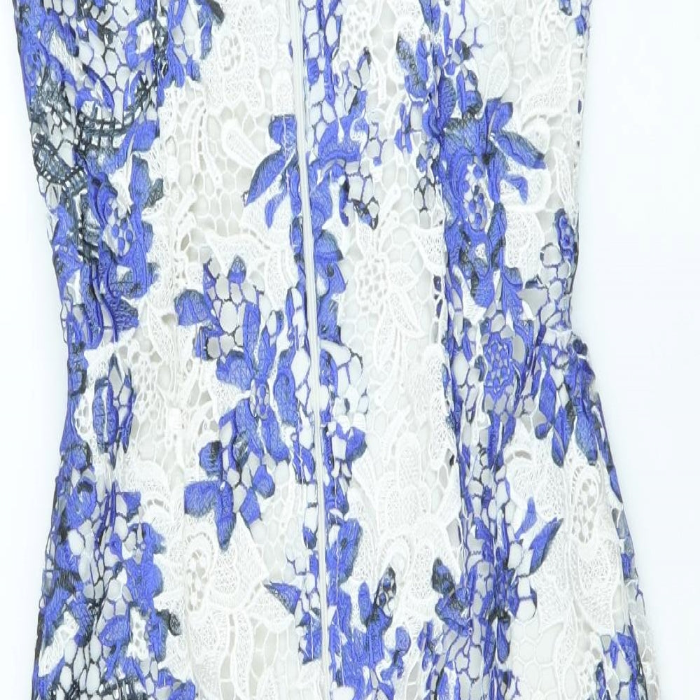 Paper Dolls Womens Blue Floral Polyester Bodycon Size 8 Round Neck Zip