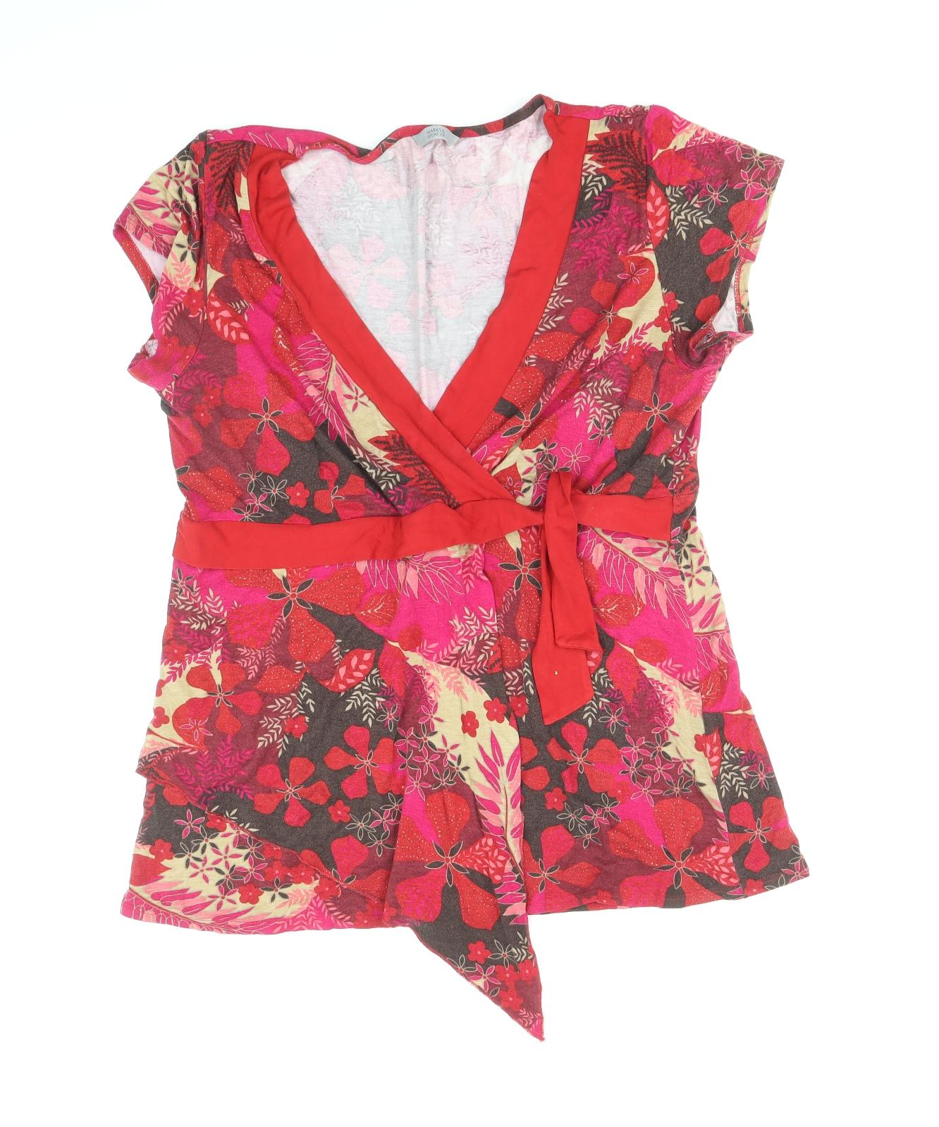 Marks and Spencer Womens Red Floral Viscose Basic Blouse Size 18 V-Neck