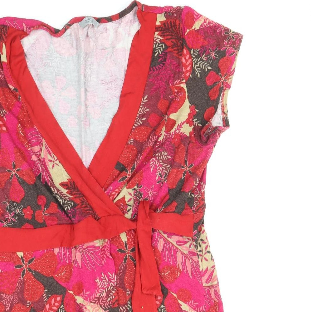 Marks and Spencer Womens Red Floral Viscose Basic Blouse Size 18 V-Neck