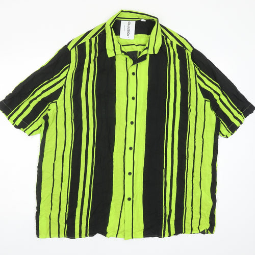 COLLUSION Mens Green Striped Viscose Button-Up Size XL Collared Button