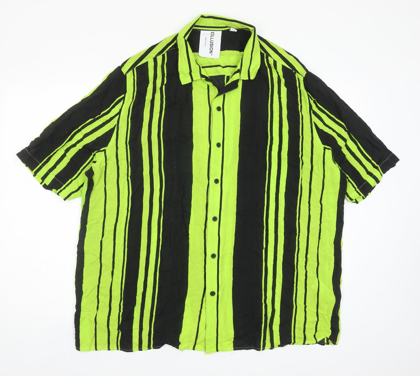 COLLUSION Mens Green Striped Viscose Button-Up Size XL Collared Button