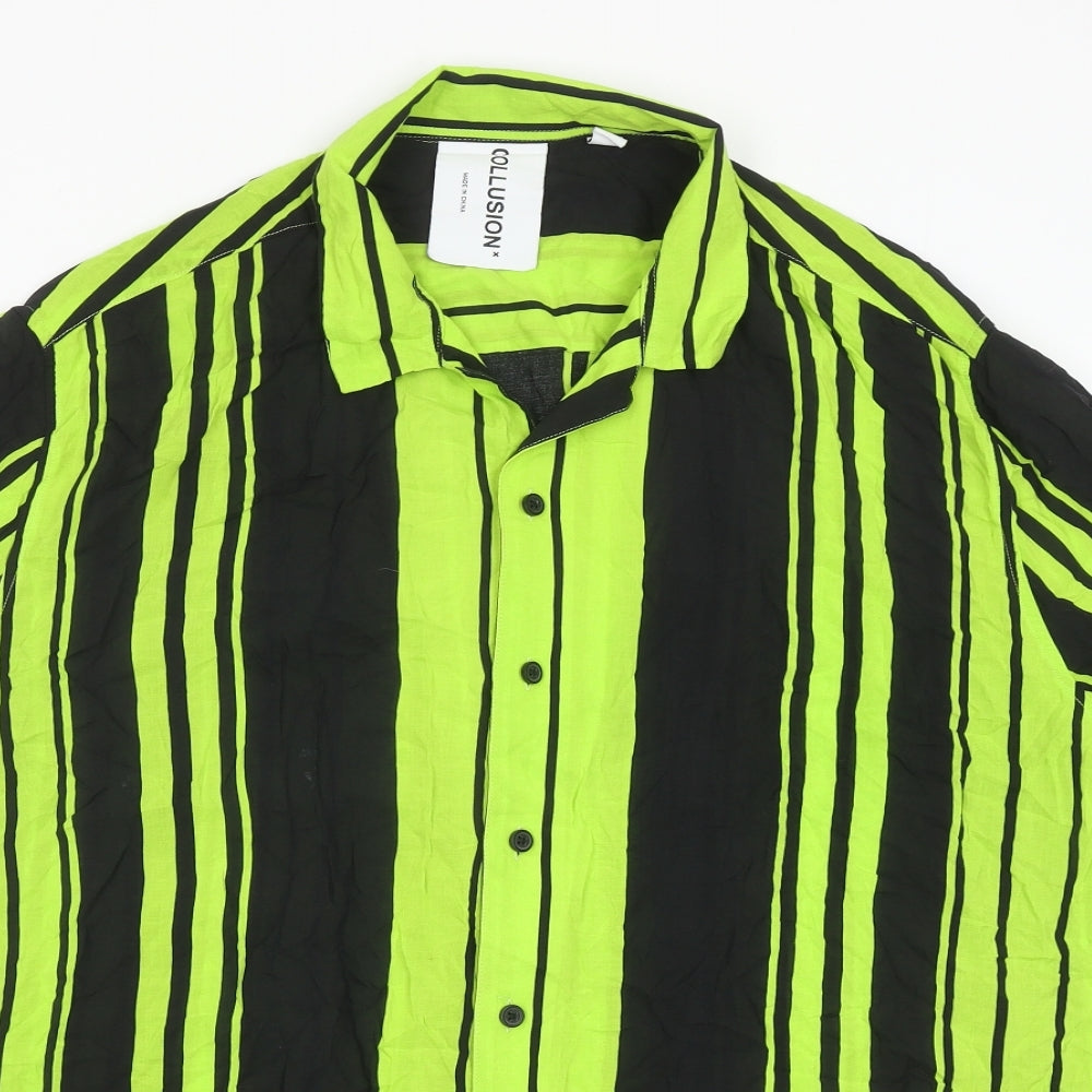 COLLUSION Mens Green Striped Viscose Button-Up Size XL Collared Button