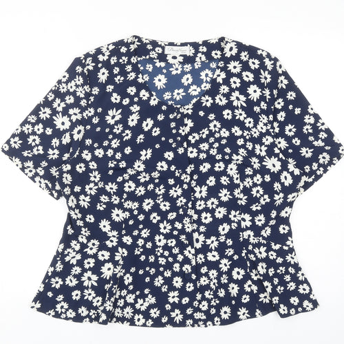 David Nieper Womens Blue Floral Polyester Basic T-Shirt Size 18 Scoop Neck