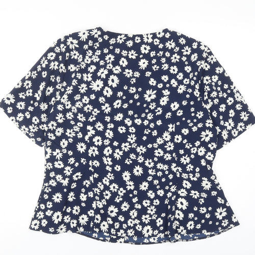 David Nieper Womens Blue Floral Polyester Basic T-Shirt Size 18 Scoop Neck