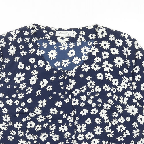 David Nieper Womens Blue Floral Polyester Basic T-Shirt Size 18 Scoop Neck