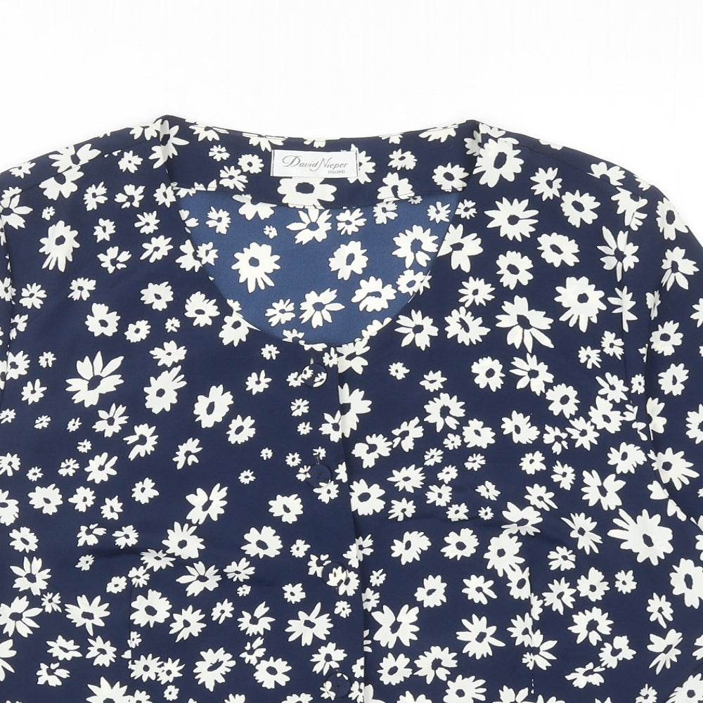 David Nieper Womens Blue Floral Polyester Basic T-Shirt Size 18 Scoop Neck