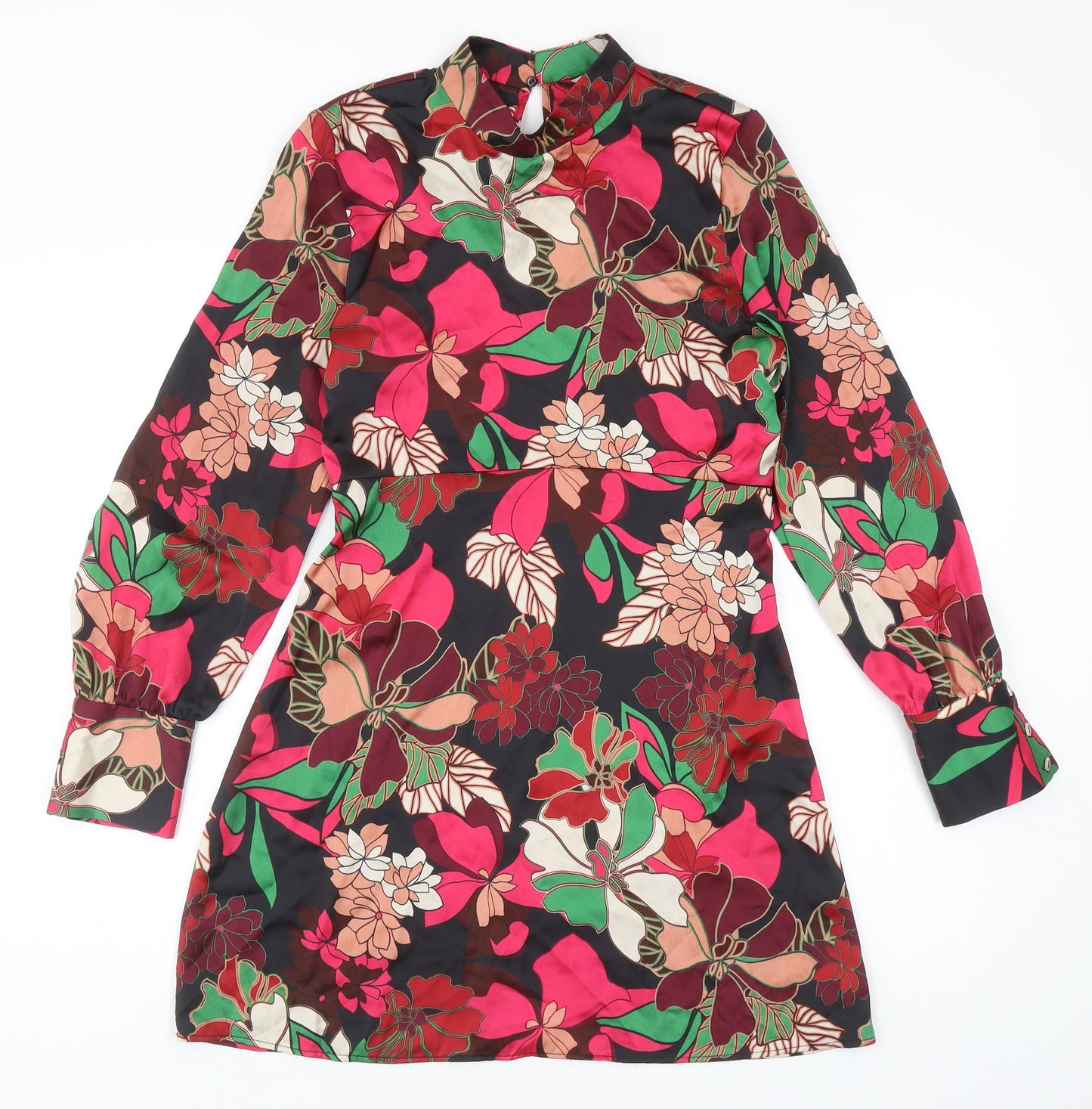 Zara Womens Multicoloured Floral Polyester A-Line Size S Mock Neck Zip