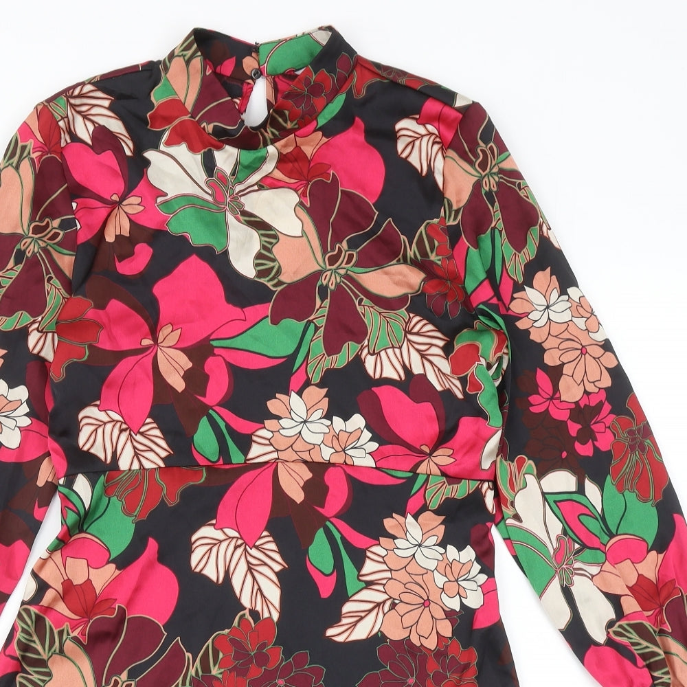 Zara Womens Multicoloured Floral Polyester A-Line Size S Mock Neck Zip