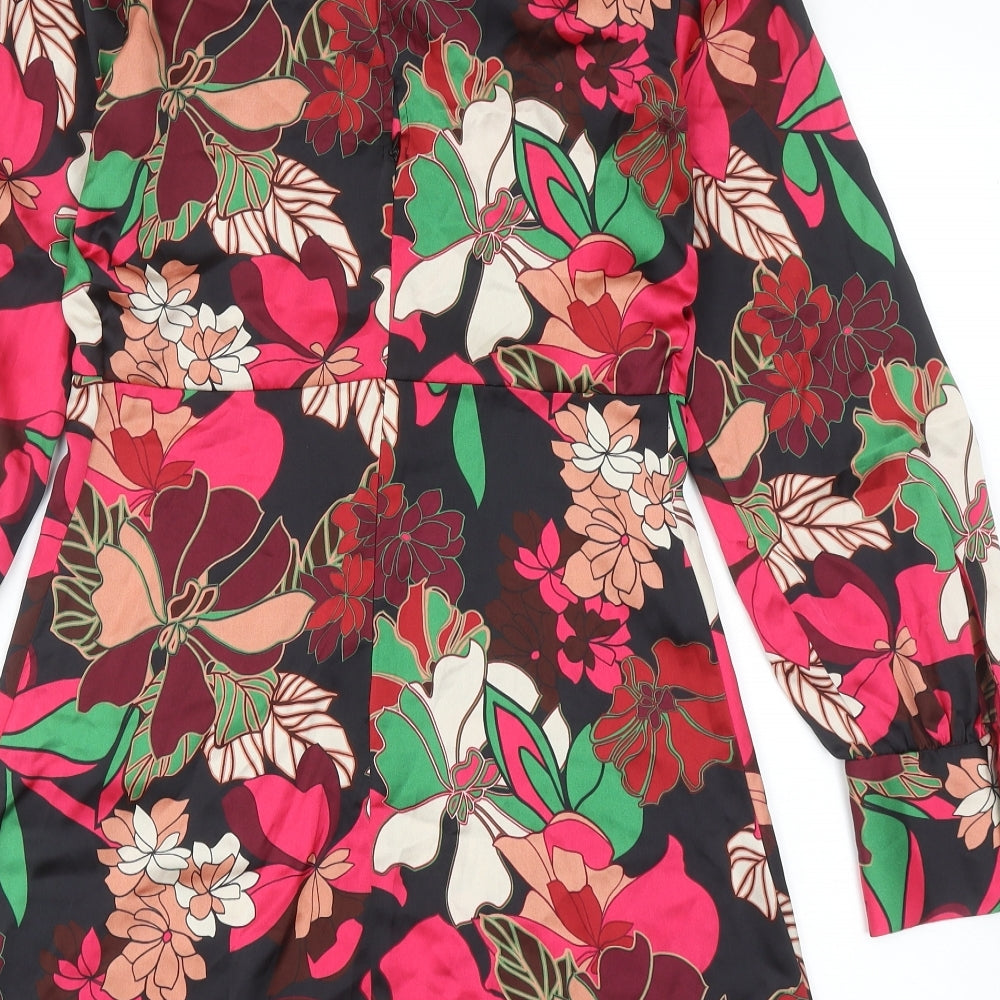 Zara Womens Multicoloured Floral Polyester A-Line Size S Mock Neck Zip