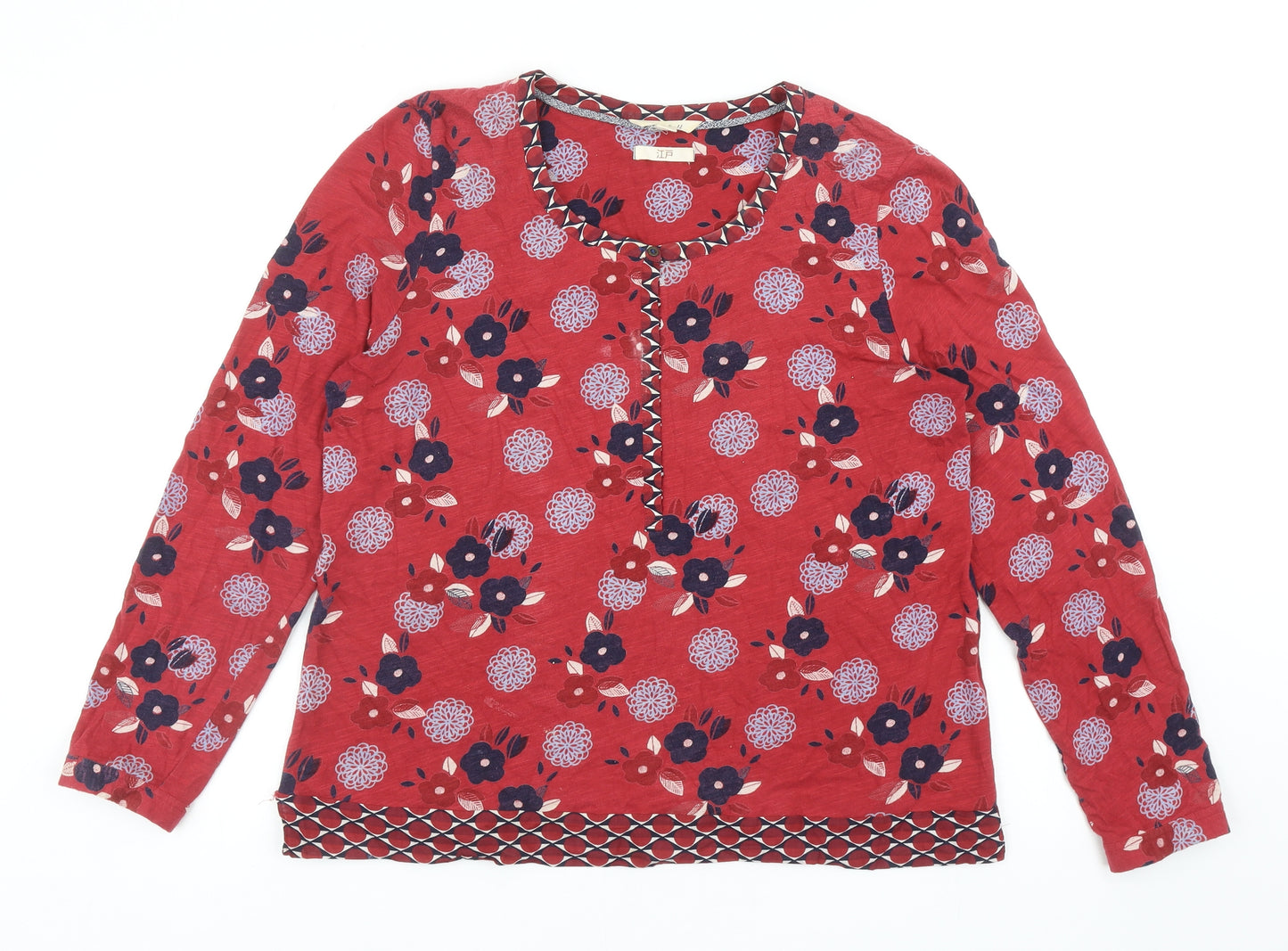 White Stuff Womens Red Floral Cotton Basic T-Shirt Size 14 Round Neck