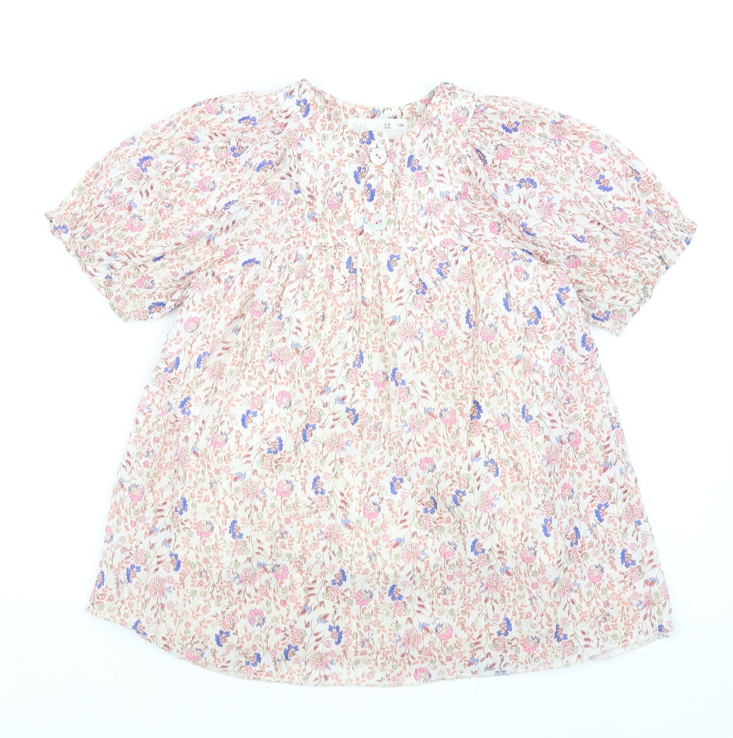 Zara Girls Multicoloured Geometric Cotton A-Line Size 3-4 Years Round Neck Button