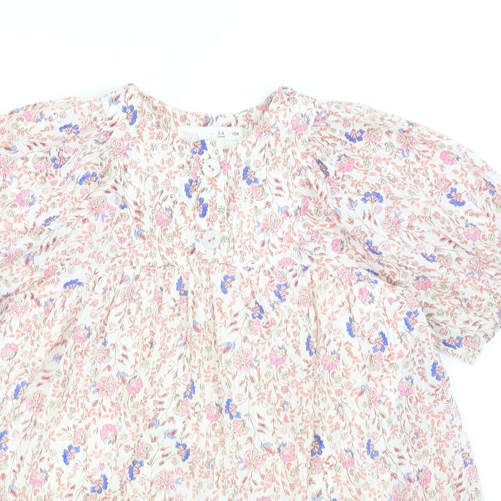 Zara Girls Multicoloured Geometric Cotton A-Line Size 3-4 Years Round Neck Button