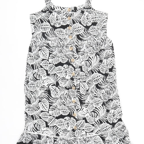 Marks and Spencer Womens Black Floral Cotton Tank Dress Size 12 Scoop Neck Button