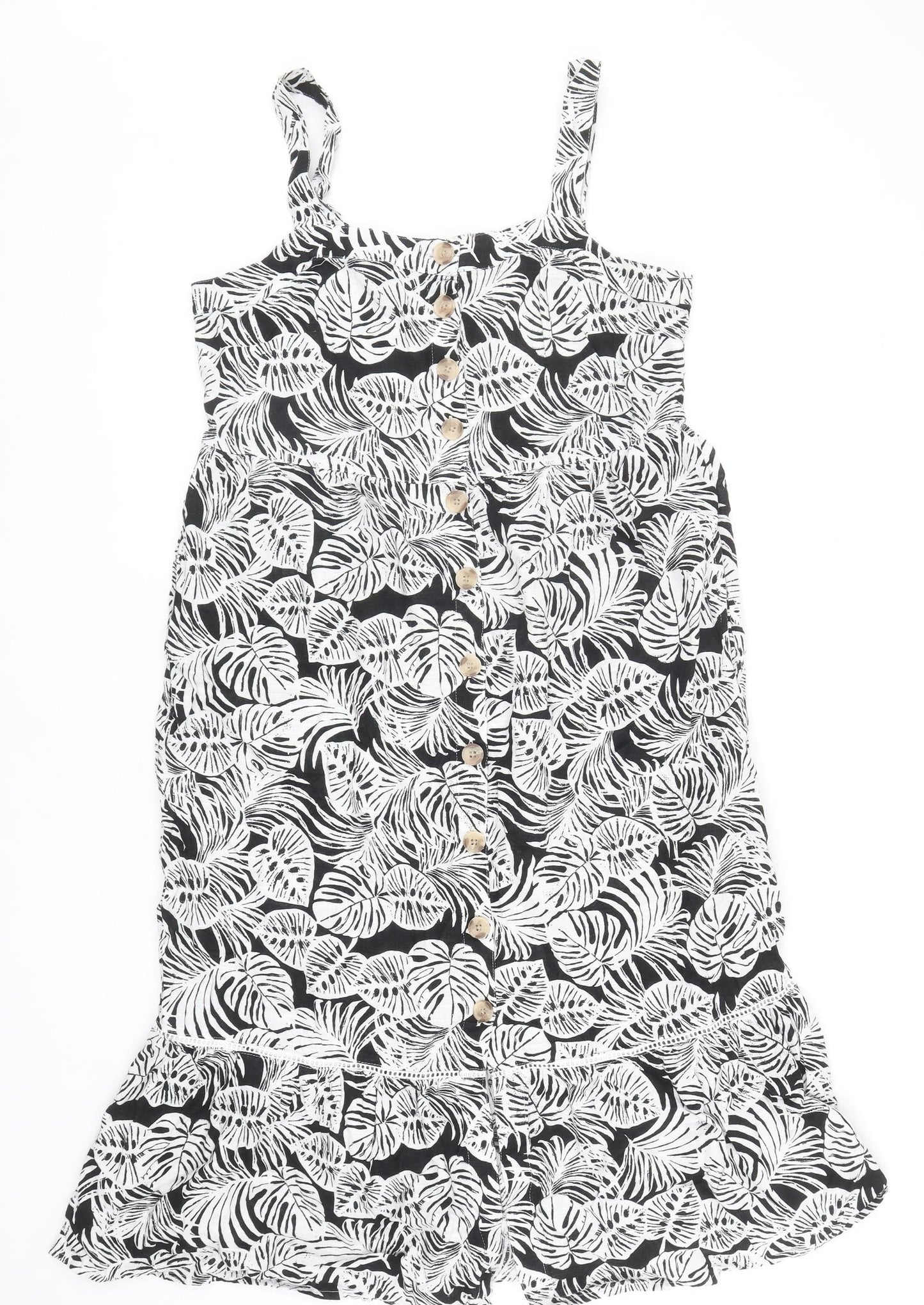 Marks and Spencer Womens Black Floral Cotton Tank Dress Size 12 Scoop Neck Button