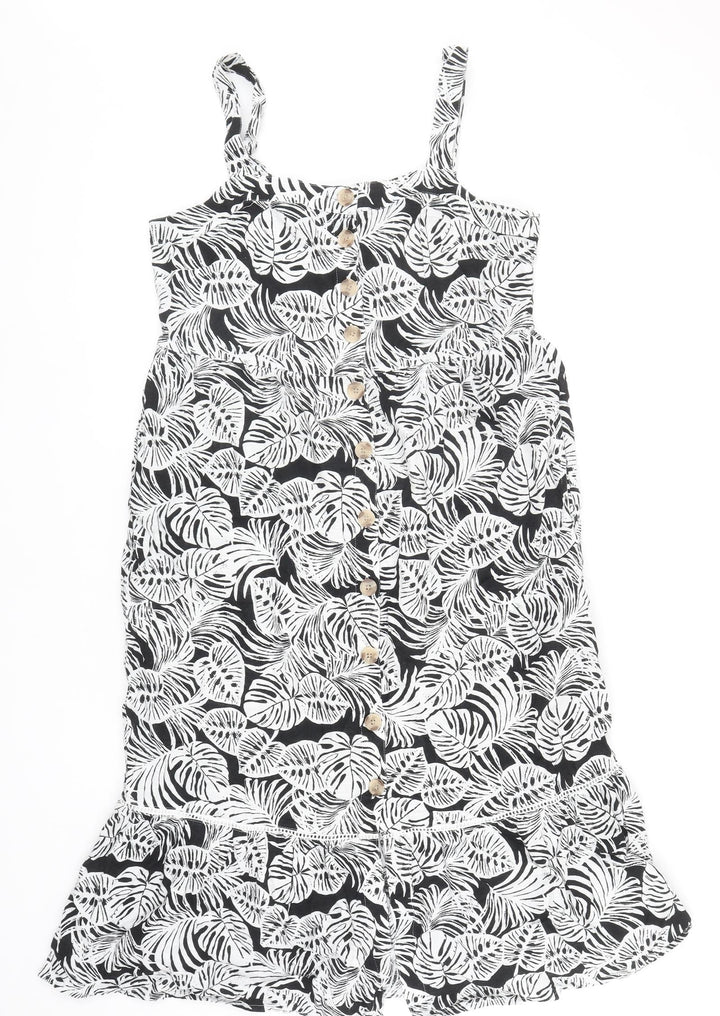Marks and Spencer Womens Black Floral Cotton Tank Dress Size 12 Scoop Neck Button