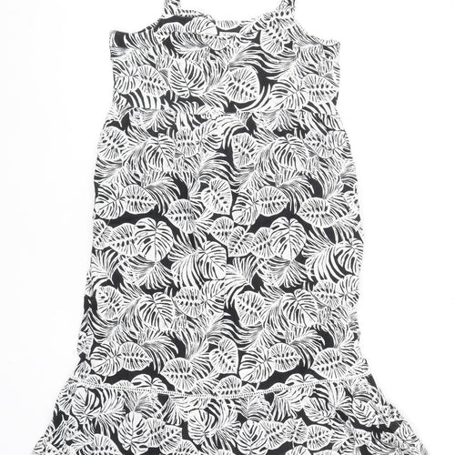 Marks and Spencer Womens Black Floral Cotton Tank Dress Size 12 Scoop Neck Button