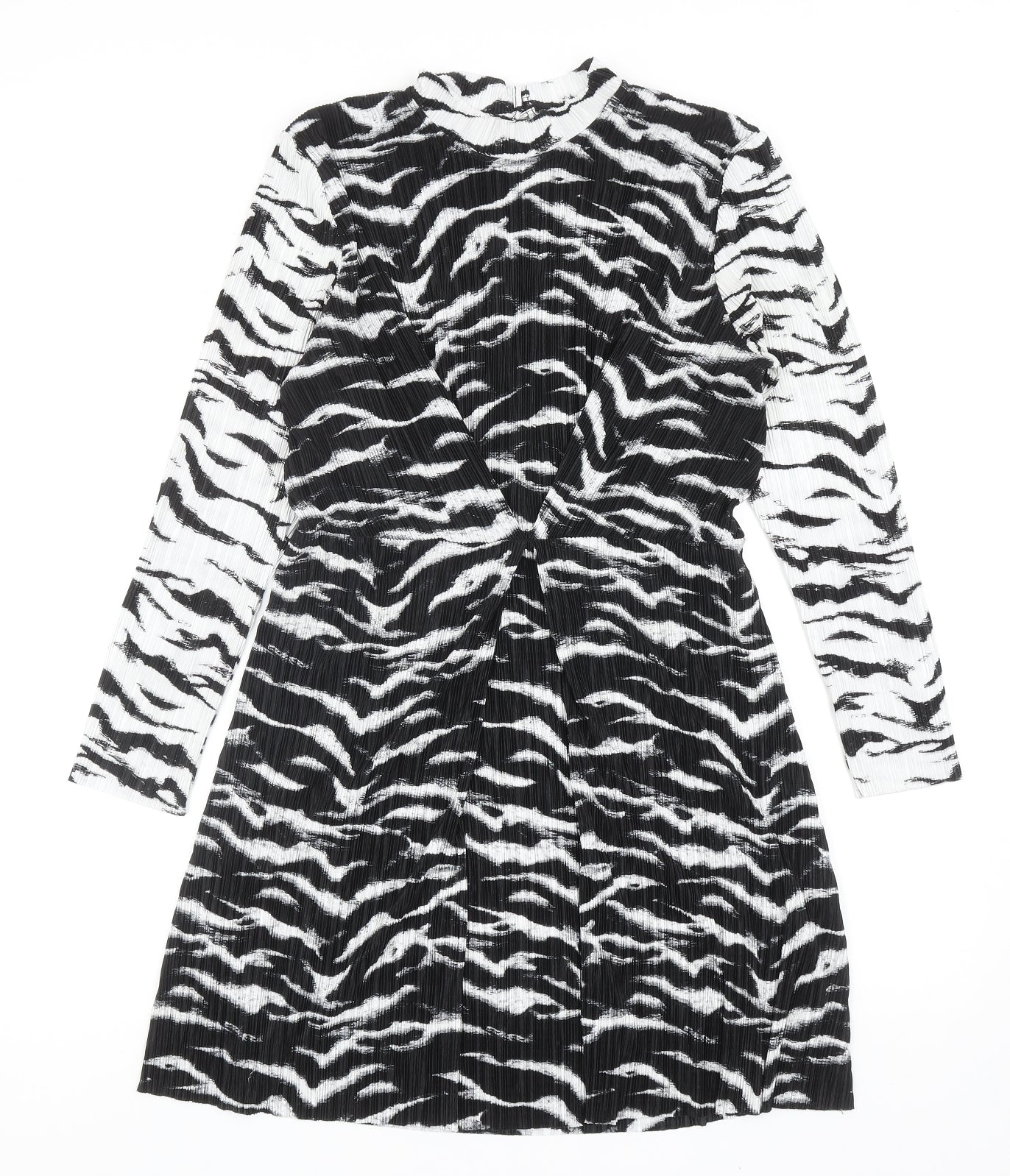 Topshop Womens Black Animal Print Polyester Jumper Dress Size 12 Mock Neck Button - Zebra Pattern