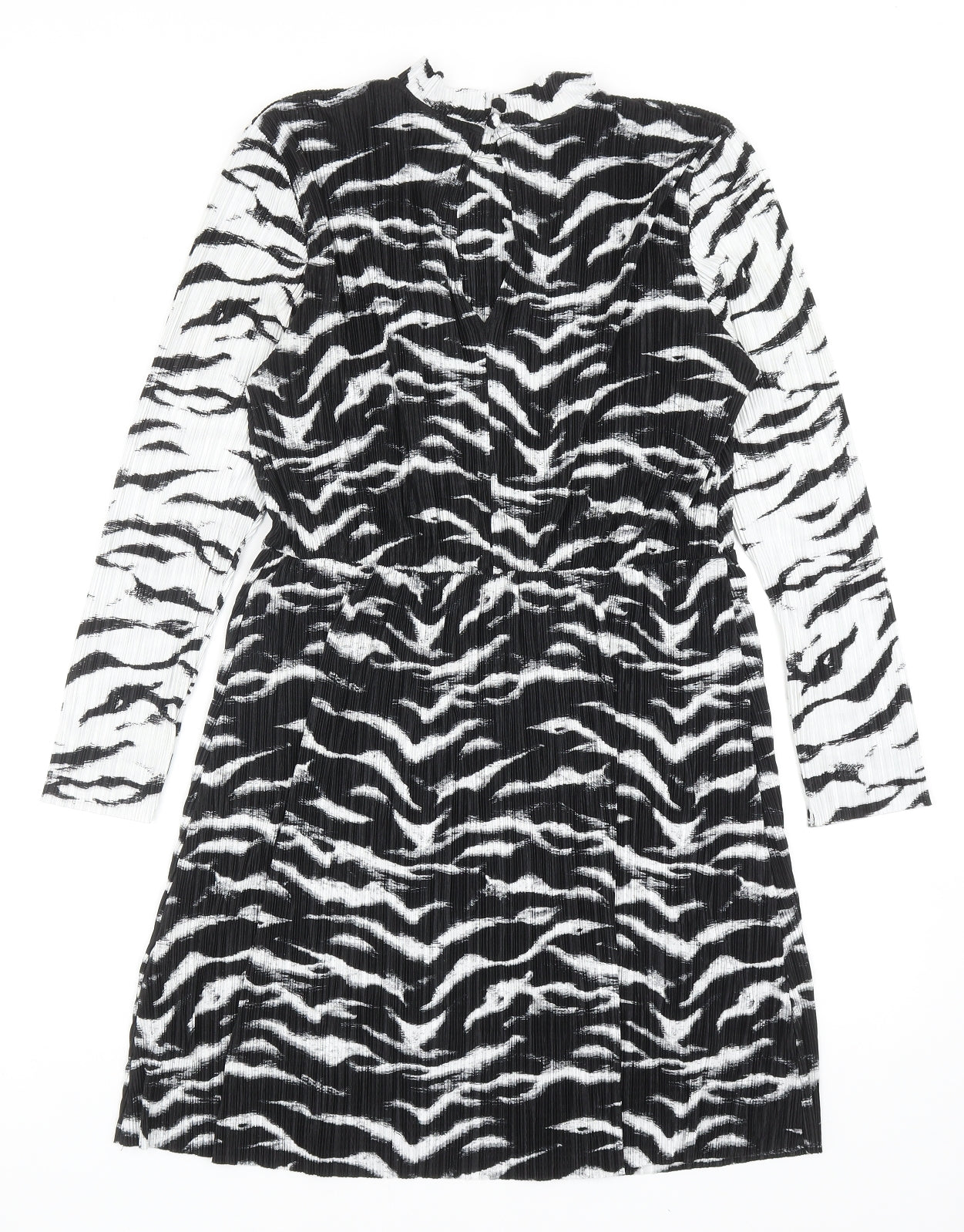 Topshop Womens Black Animal Print Polyester Jumper Dress Size 12 Mock Neck Button - Zebra Pattern