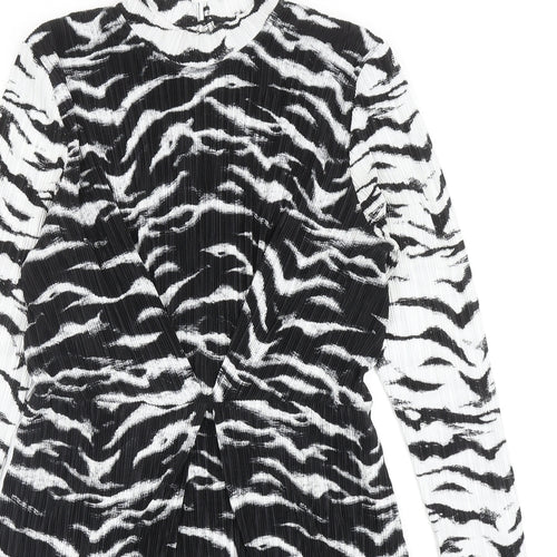 Topshop Womens Black Animal Print Polyester Jumper Dress Size 12 Mock Neck Button - Zebra Pattern