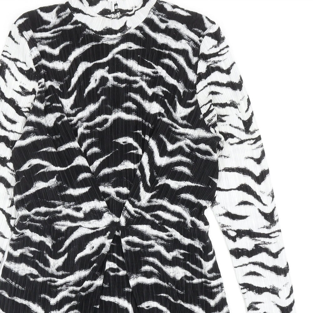 Topshop Womens Black Animal Print Polyester Jumper Dress Size 12 Mock Neck Button - Zebra Pattern