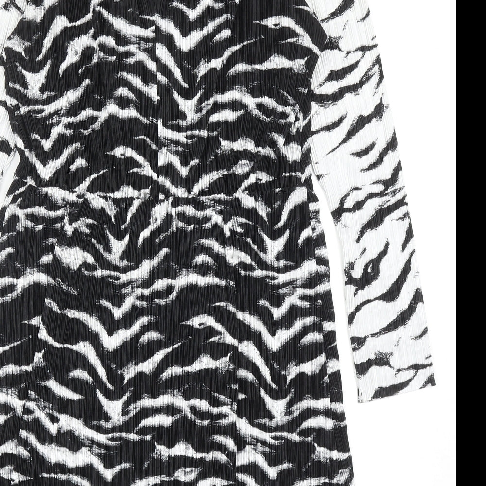 Topshop Womens Black Animal Print Polyester Jumper Dress Size 12 Mock Neck Button - Zebra Pattern