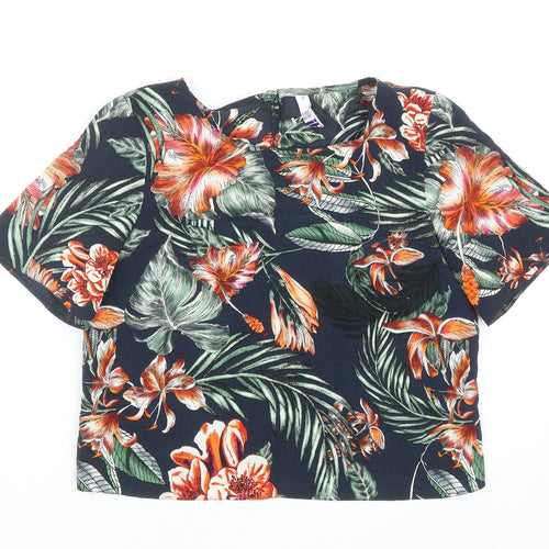 Debenhams Womens Blue Floral Polyester Cropped T-Shirt Size 10 Scoop Neck