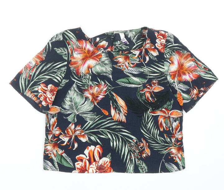 Debenhams Womens Blue Floral Polyester Cropped T-Shirt Size 10 Scoop Neck