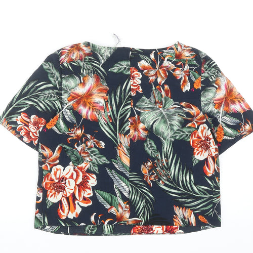 Debenhams Womens Blue Floral Polyester Cropped T-Shirt Size 10 Scoop Neck