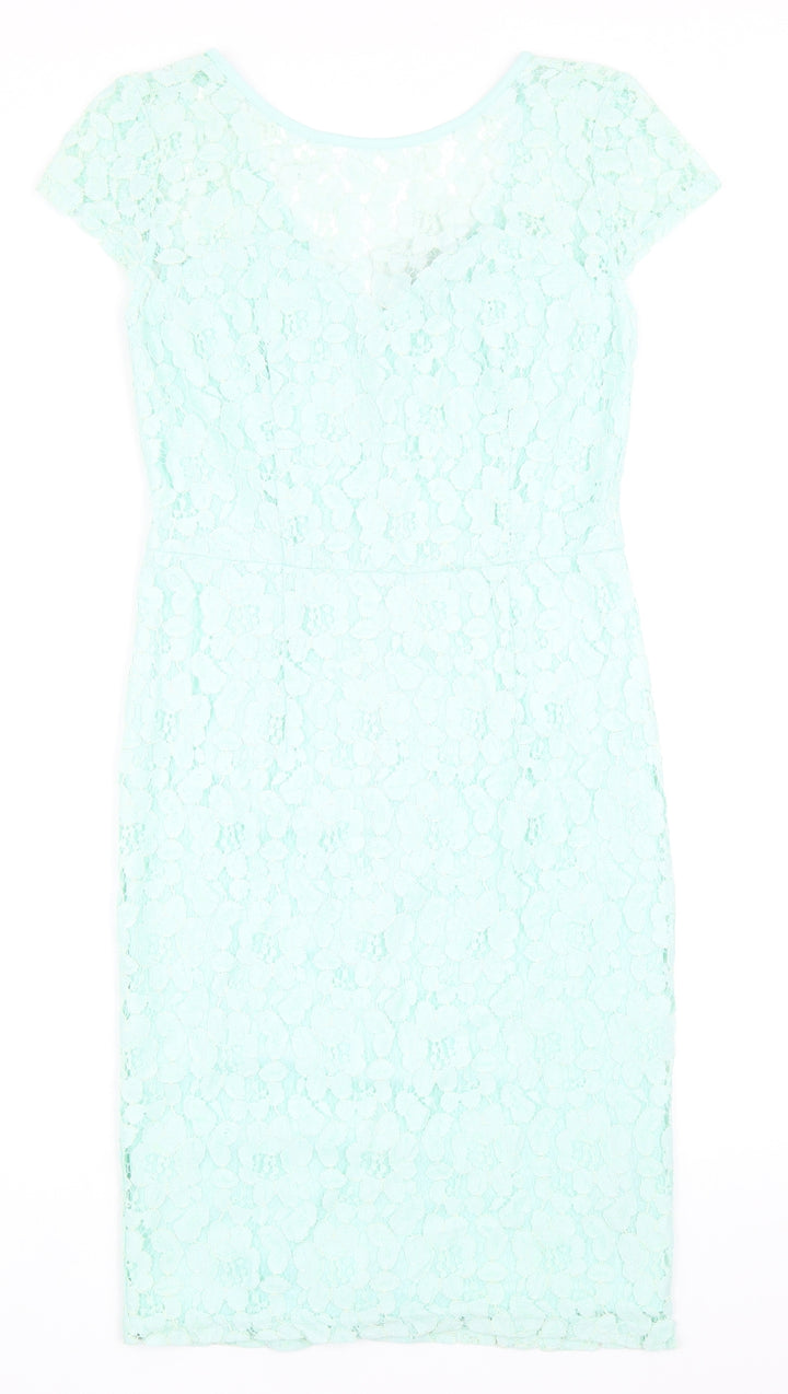 Dorothy Perkins Womens Green Nylon Pencil Dress Size 10 Round Neck Zip - Lace Detail