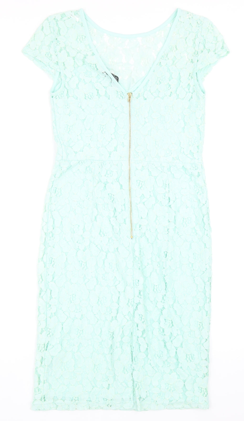 Dorothy Perkins Womens Green Nylon Pencil Dress Size 10 Round Neck Zip - Lace Detail