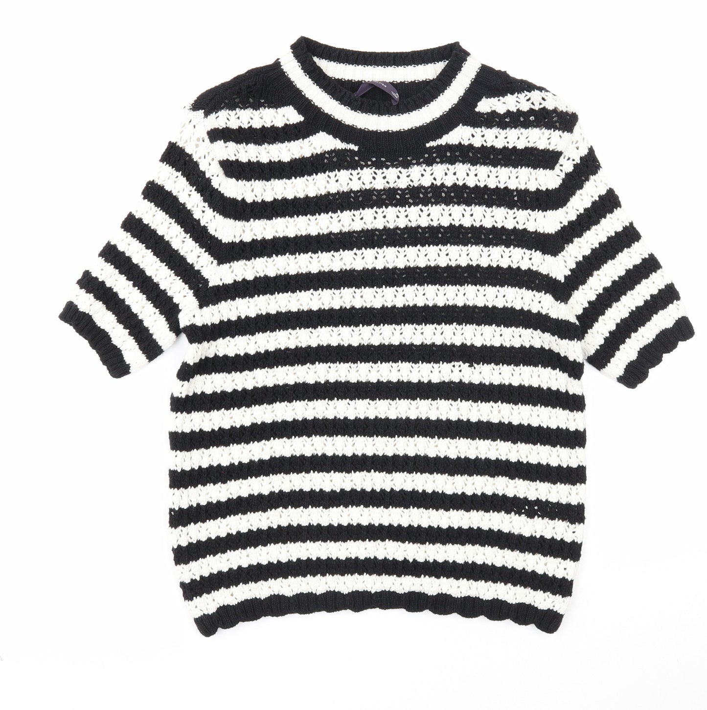 Marks and Spencer Womens Black Round Neck Striped Cotton Pullover Jumper Size XS