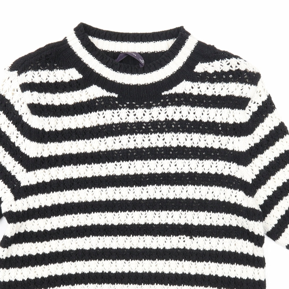 Marks and Spencer Womens Black Round Neck Striped Cotton Pullover Jumper Size XS