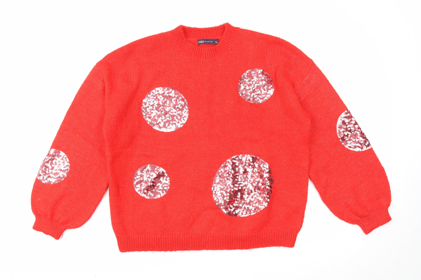 Marks and Spencer Womens Red Round Neck Acrylic Pullover Jumper Size L - Christmas