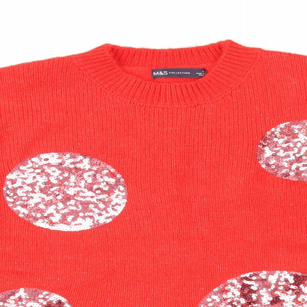 Marks and Spencer Womens Red Round Neck Acrylic Pullover Jumper Size L - Christmas