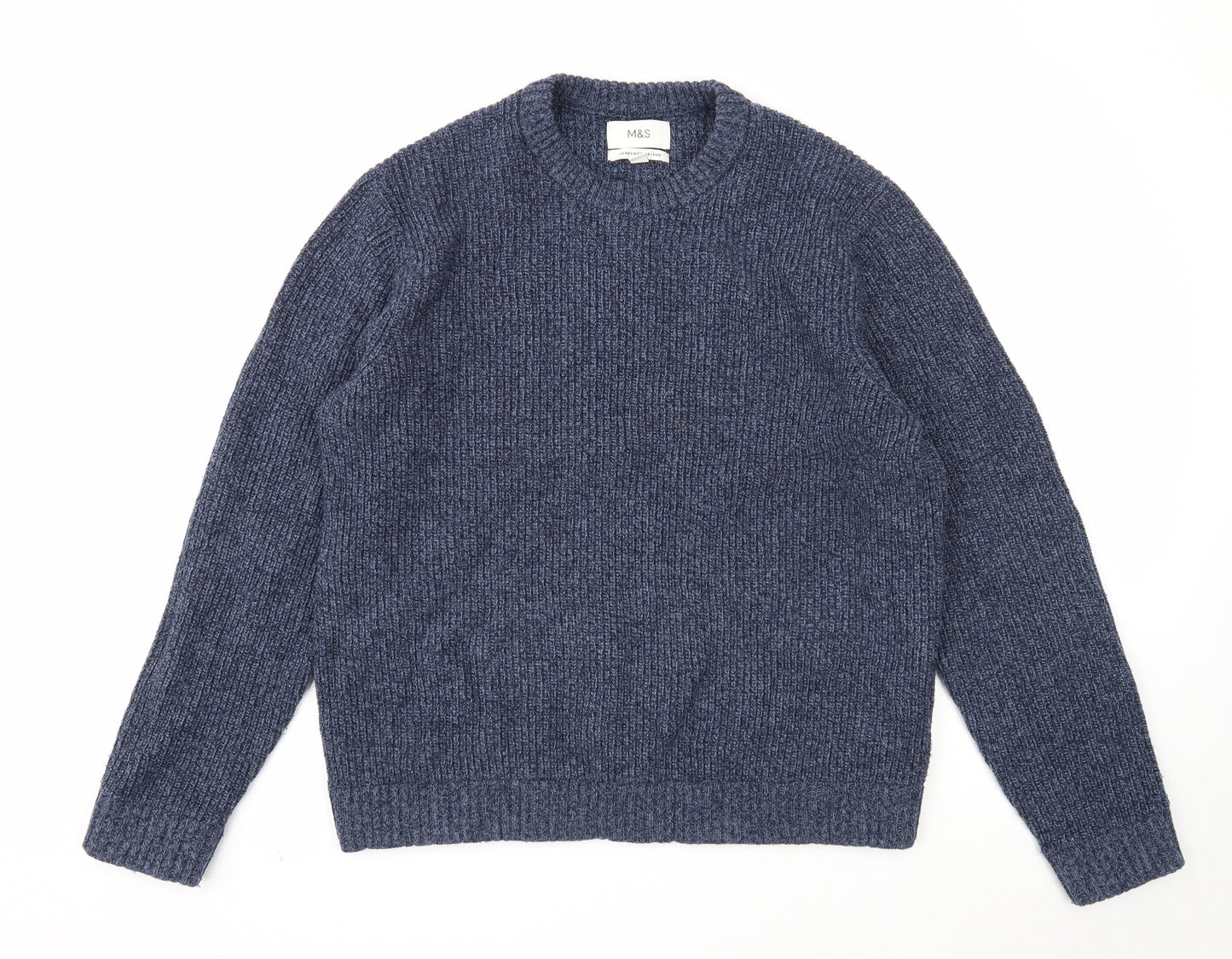 Marks and Spencer Mens Blue Round Neck Wool Pullover Jumper Size XL Long Sleeve