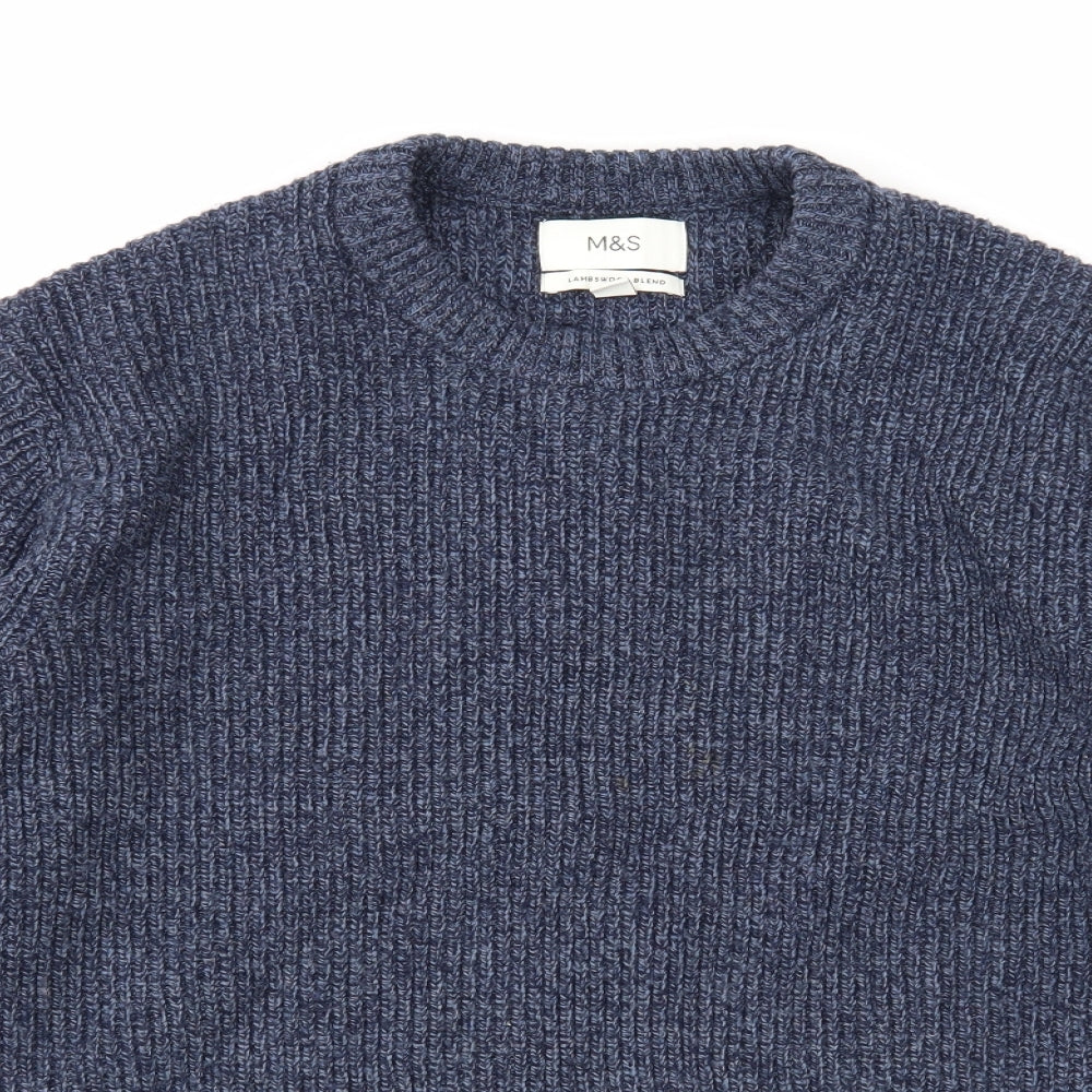 Marks and Spencer Mens Blue Round Neck Wool Pullover Jumper Size XL Long Sleeve