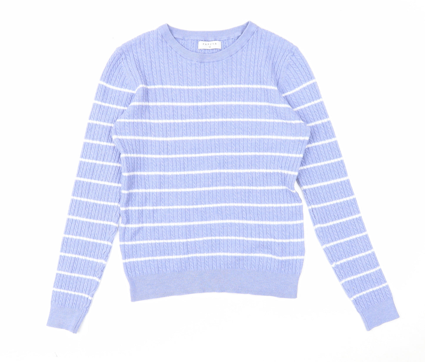 Papaya Womens Blue Round Neck Striped Polyester Pullover Jumper Size 12
