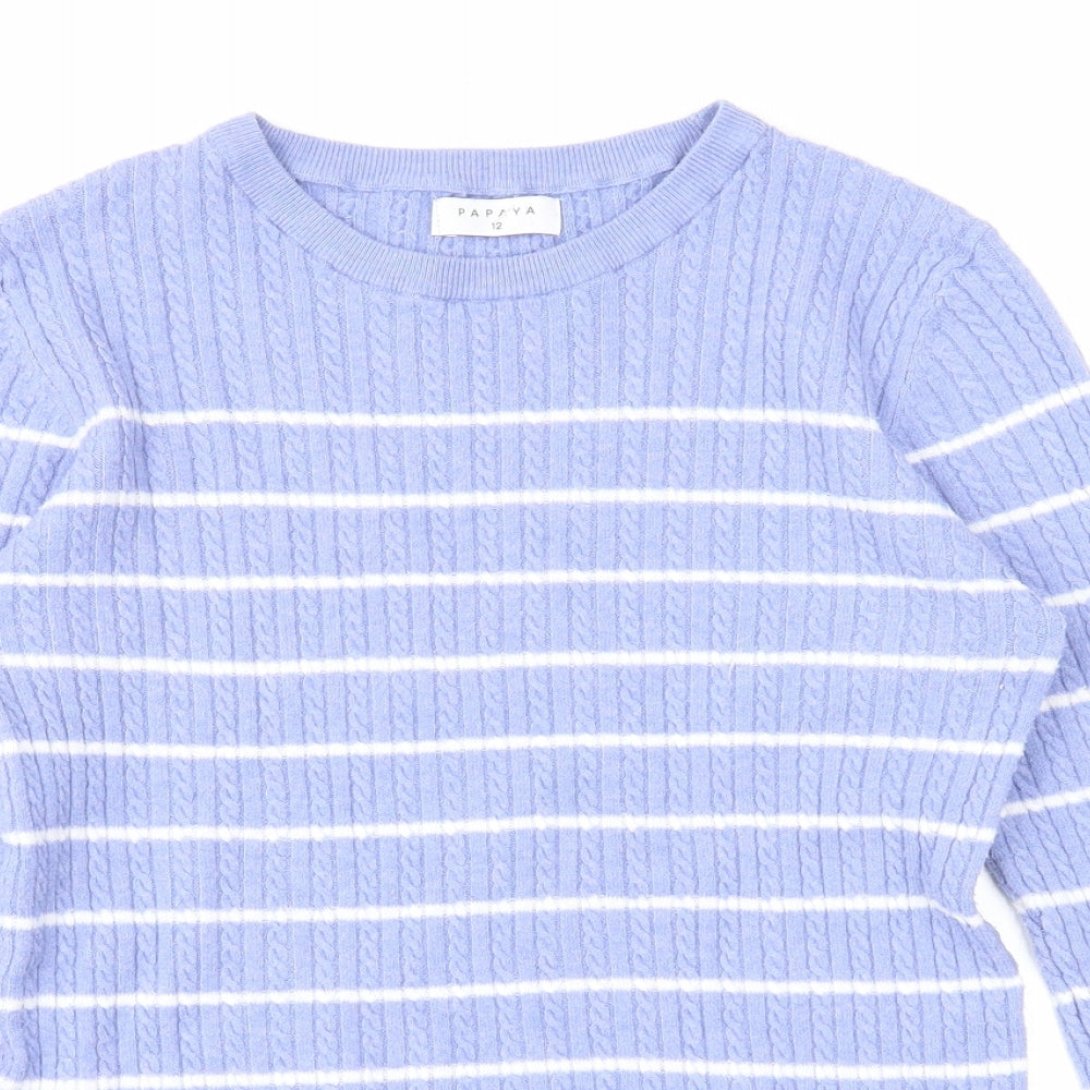 Papaya Womens Blue Round Neck Striped Polyester Pullover Jumper Size 12
