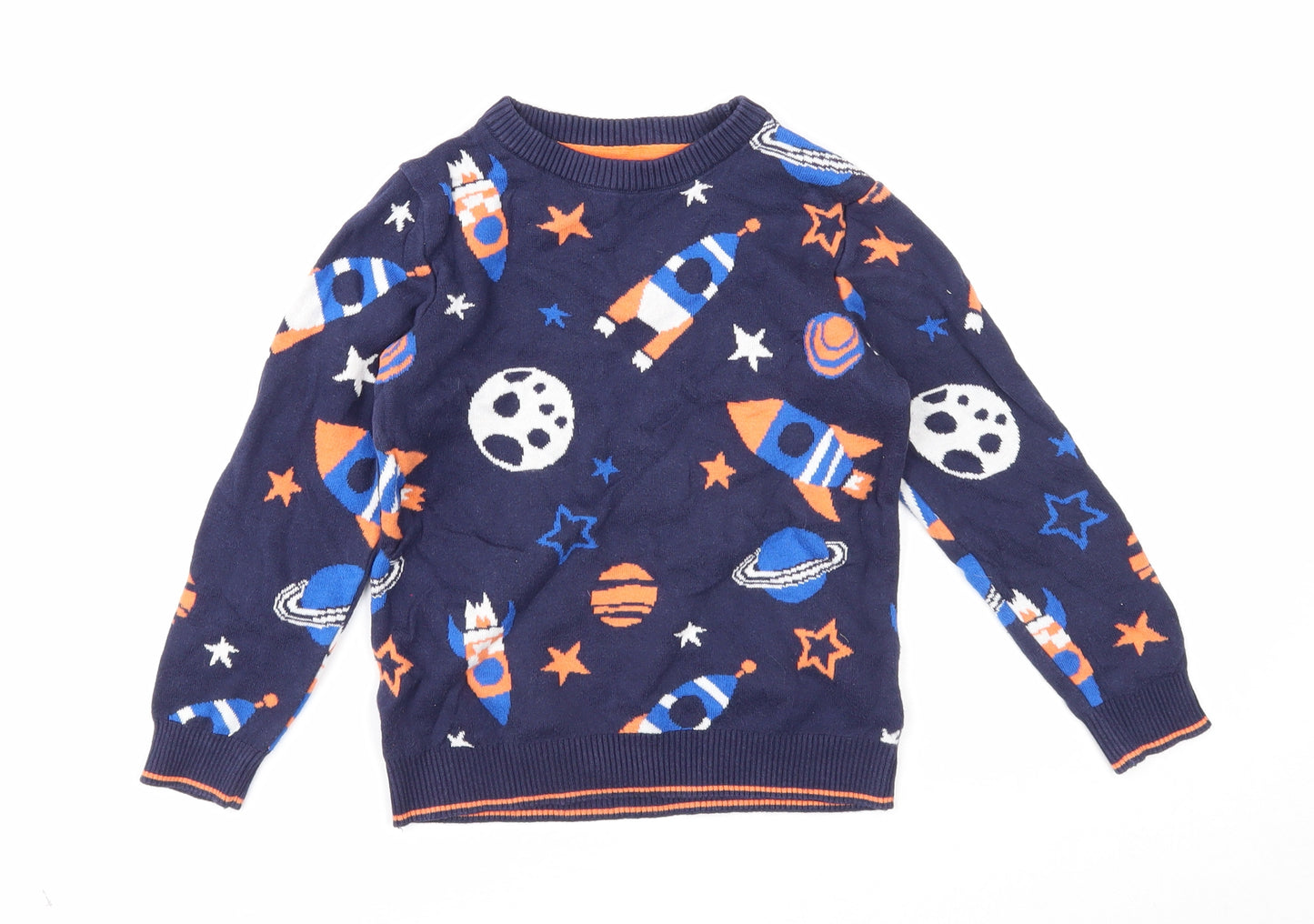F&F Boys Blue Round Neck Geometric Cotton Pullover Jumper Size 5-6 Years Pullover - Rocket
