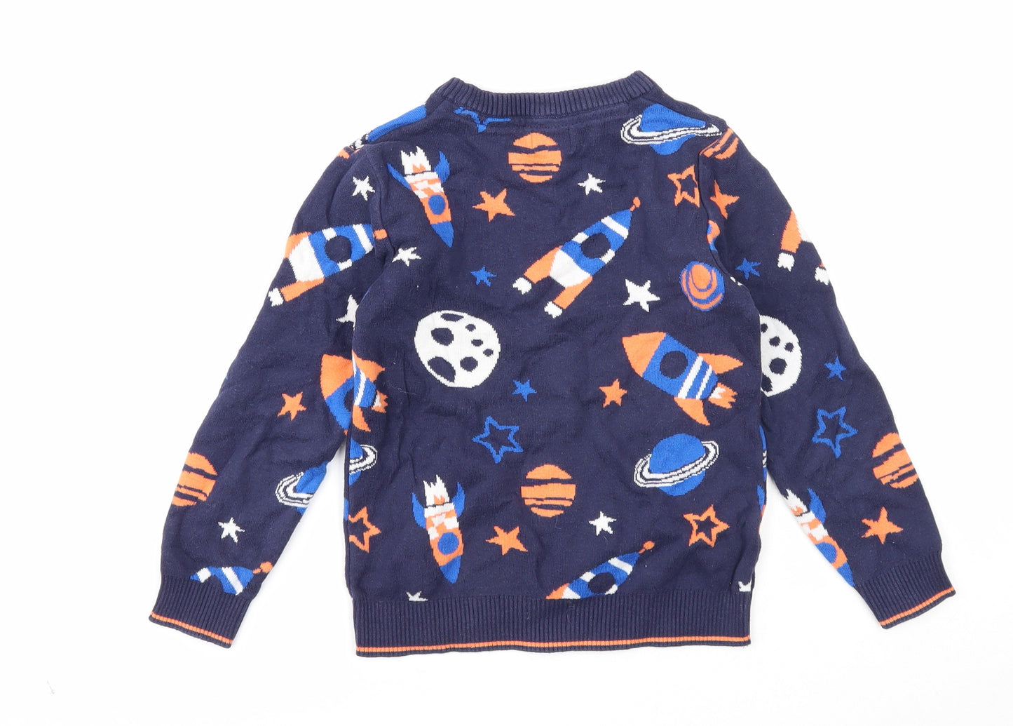 F&F Boys Blue Round Neck Geometric Cotton Pullover Jumper Size 5-6 Years Pullover - Rocket