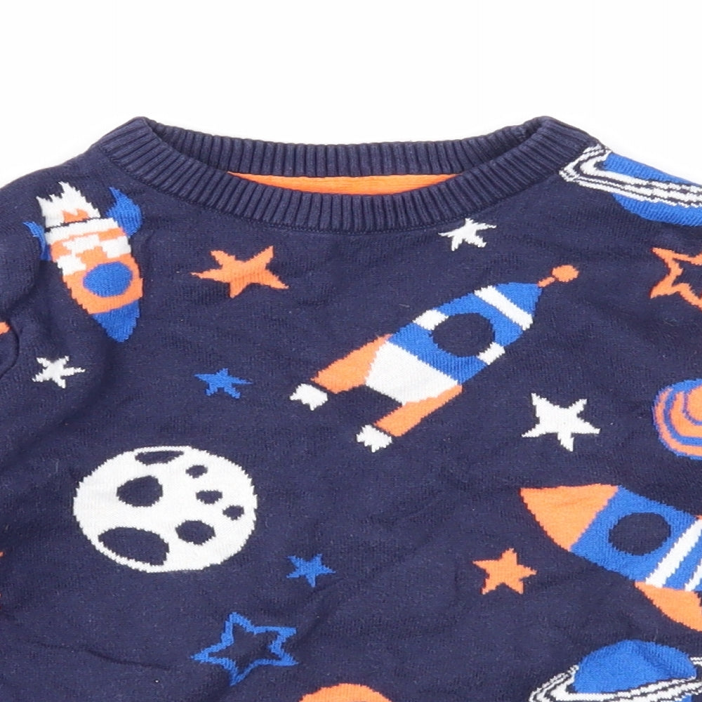 F&F Boys Blue Round Neck Geometric Cotton Pullover Jumper Size 5-6 Years Pullover - Rocket
